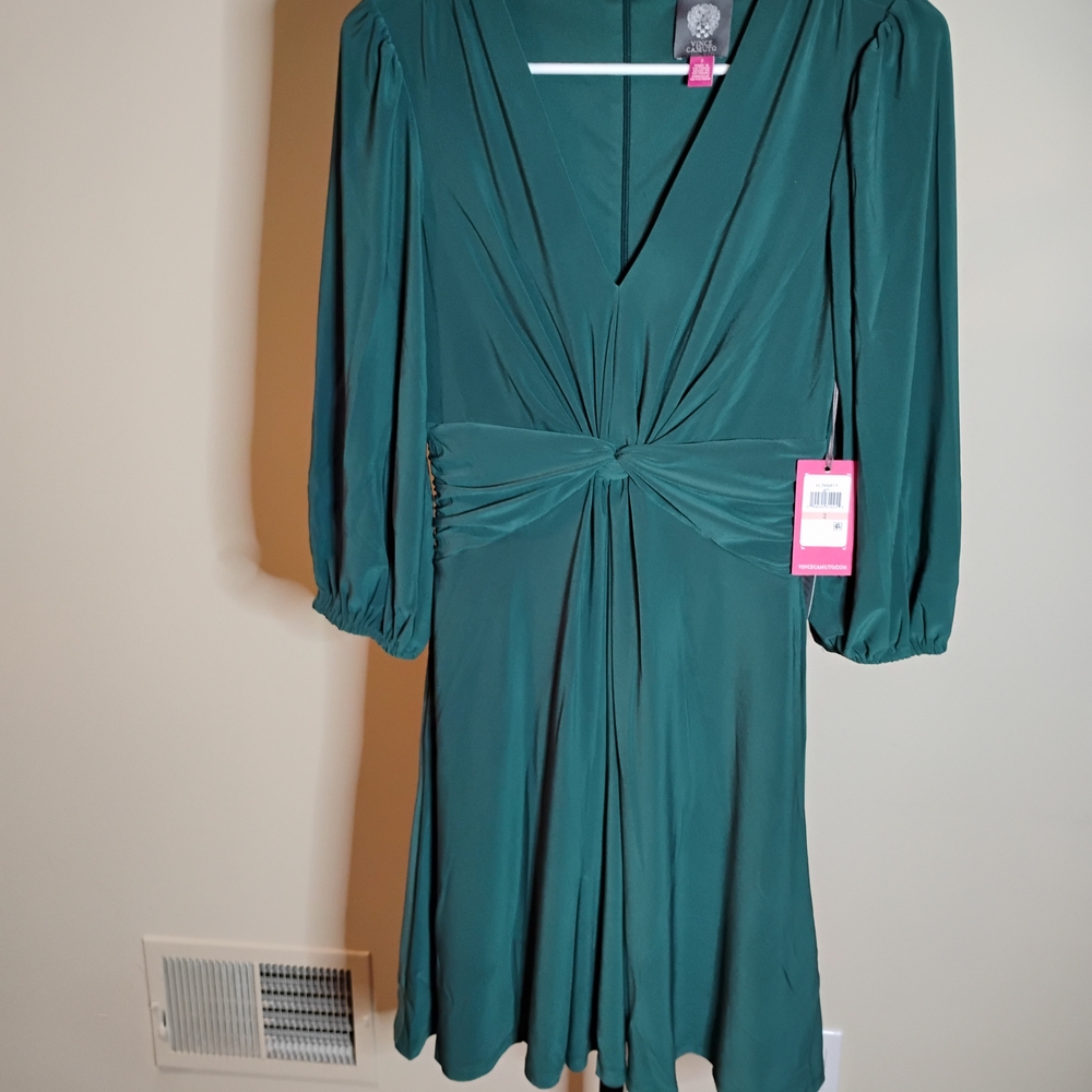 New Vince Camuto Fit And Flare Dress Twist Front Balloon Sleeve  Size 2 Green